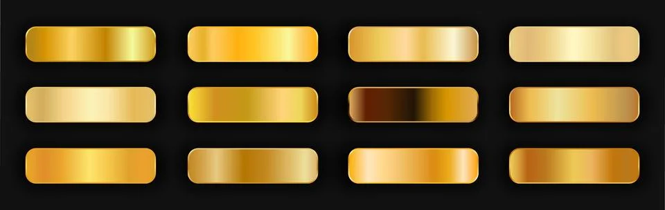Realistic gold gradient texture pack 12 in 1. Fill and stroke effects. Shiny Stock Illustration