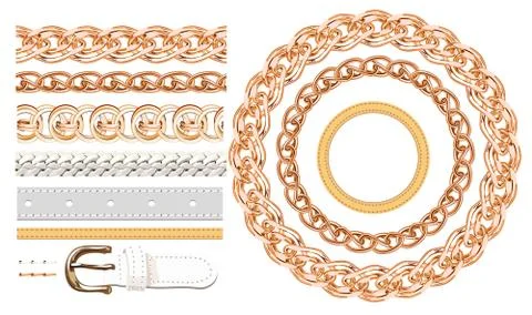 Realistic gold necklace chains vector brushes set. Golden metal chain link for Stock Illustration