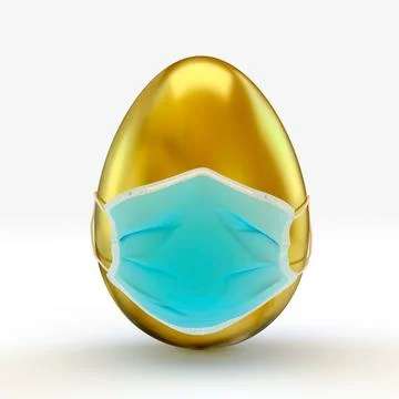 Realistic golden Easter egg with medical disposable mask on white background. 3D 스톡 일러스트