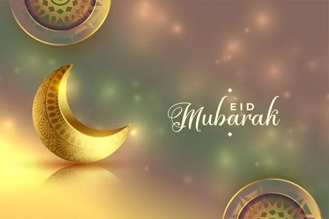 Realistic golden moon on eid mubarak shiny background Stock Illustration