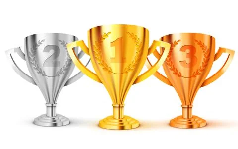 Realistic Golden Trophy. First second and. third place. Gold, silver and bronze Stock Illustration