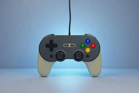 Realistic gray joystick for video game controller on blue background. 3D rend Stock Illustration