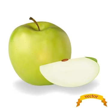 Realistic green apple with slice. Vector image. Stock Illustration