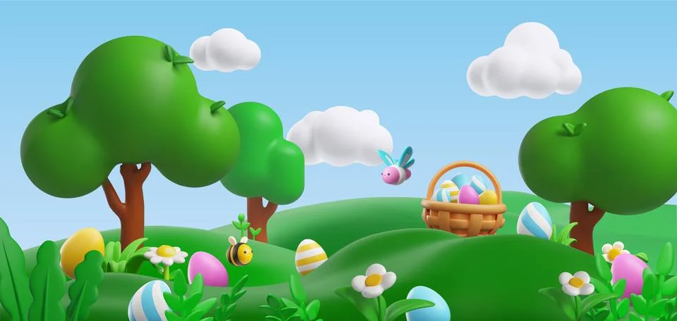 Realistic green lawn with Easter eggs, trees, flowers, butterflies and bees Stock Illustration