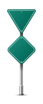 Realistic green triangle and rhombus traffic sign on metal steel pole isolated. イラスト素材