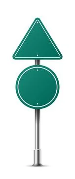 Realistic green triangle and round traffic sign on metal steel pole isolated. 스톡 일러스트