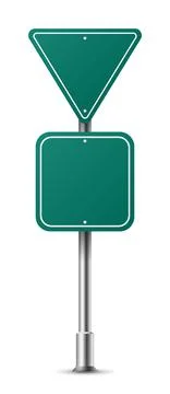Realistic green triangle and square traffic sign on metal steel pole isolated. Ilustración de archivo