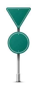 Realistic green triangular and round traffic sign on metal steel pole isolated. Stock Illustration