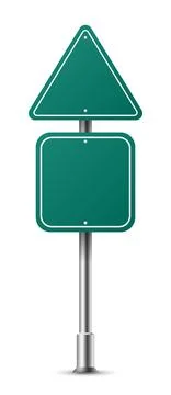 Realistic green triangular and square traffic sign on metal steel pole isolated. Stock-Illustration