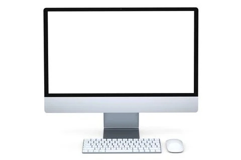 Realistic grey computer screen display with keyboard and mouse isolated on white Illustrazione stock