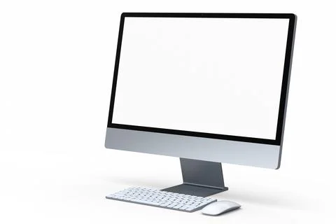 Realistic grey computer screen display with keyboard and mouse isolated on wh Ilustración de archivo