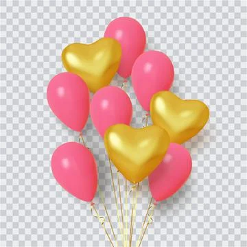 Realistic group of balloons in shape heart of pink and gold on transparent Stock Illustration