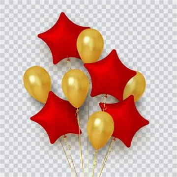 Realistic group of balloons in shape star of red and gold on transparent Stock Illustration