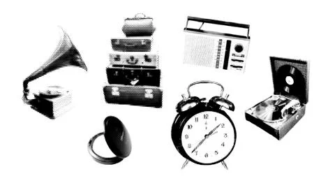 Realistic Halftone Effect Illustration of a Gramophone, Record Player, and Stock Illustration