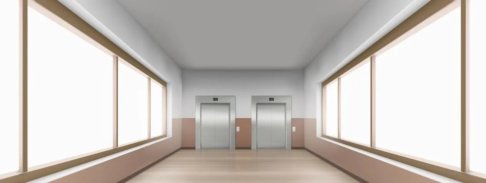 Realistic hallway with large windows, elevators 스톡 일러스트