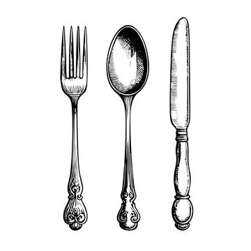 A realistic hand-drawn vector illustration sketch of a cutlery set, includi.. Stock Illustration