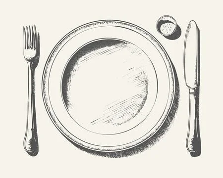 A realistic hand-drawn vector illustration sketch of an empty plate with cu.. Stock Illustration