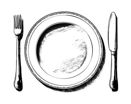 A realistic hand-drawn vector illustration sketch of an empty plate with cu.. Stock Illustration