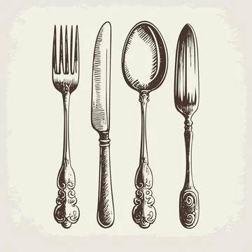 A realistic hand-drawn vector illustration sketch of a cutlery set, includi.. Stock Illustration