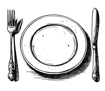 A realistic hand-drawn vector illustration sketch of an empty plate with cu.. Stock Illustration