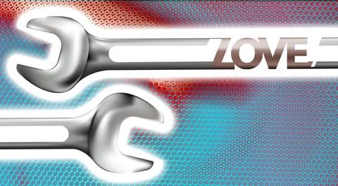 Realistic hand metal wrenches with caption love on background perforated hexs Stock Illustration