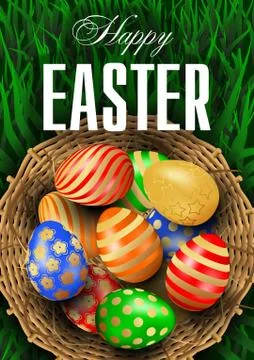 Realistic Happy Easter greeting card, flyer, poster or banner vector template 스톡 일러스트