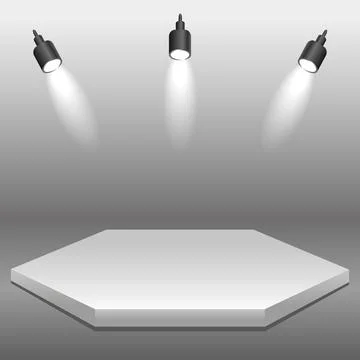 Realistic hexagonal white podium in dark studio - Vector Stock Illustration