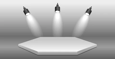 Realistic hexagonal white podium in dark studio - Vector Stock Illustration