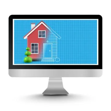 Realistic house with a blueprint on a computer, vector. Stock Illustration