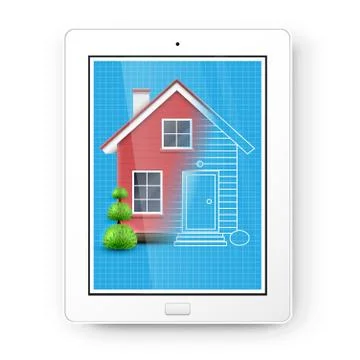 Realistic house with a blueprint on a tablet, vector. Ilustración de archivo