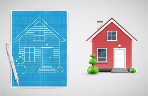 Realistic house with a blueprint, vector. Stock Illustration