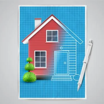 Realistic house with a blueprint, vector. Ilustración de archivo