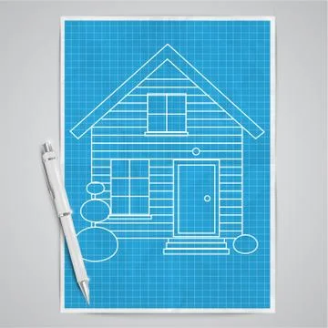 Realistic house with a blueprint, vector. Ilustración de archivo