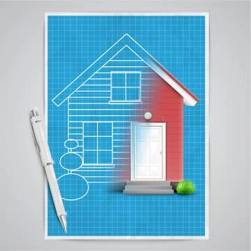 Realistic house with a blueprint, vector. Ilustración de archivo