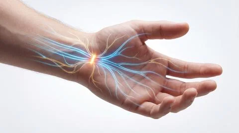 Realistic human hand visualization displaying internal nerve pathways and g.. Foto stock