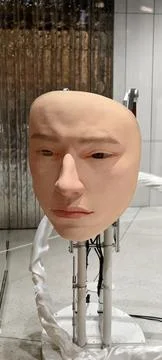 Realistic humanoid robotic face crafted from silicone-like material Stock Photos