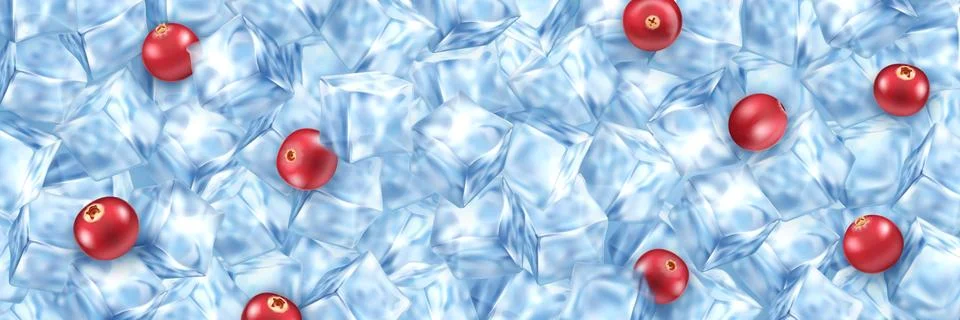 Realistic ice cube background with red fresh cranberry. 3D vector icy pieces Illustrazione stock