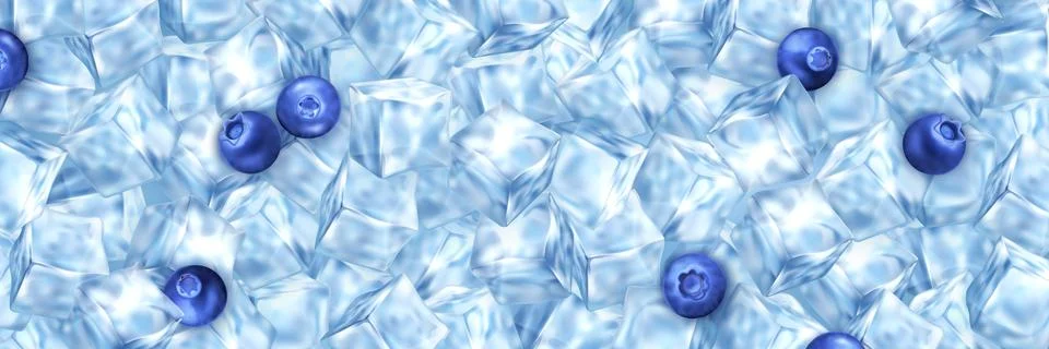 Realistic ice cube background with red fresh blueberry. 3D vector icy pieces Illustrazione stock