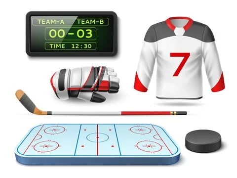 Realistic ice hockey elements. 3D sport objects, team play, wooden stick, rink Stockillustratie