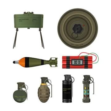 Realistic image of hand grenade, mine and dinamite. Army explosive. 3d weaponon Stock Illustration