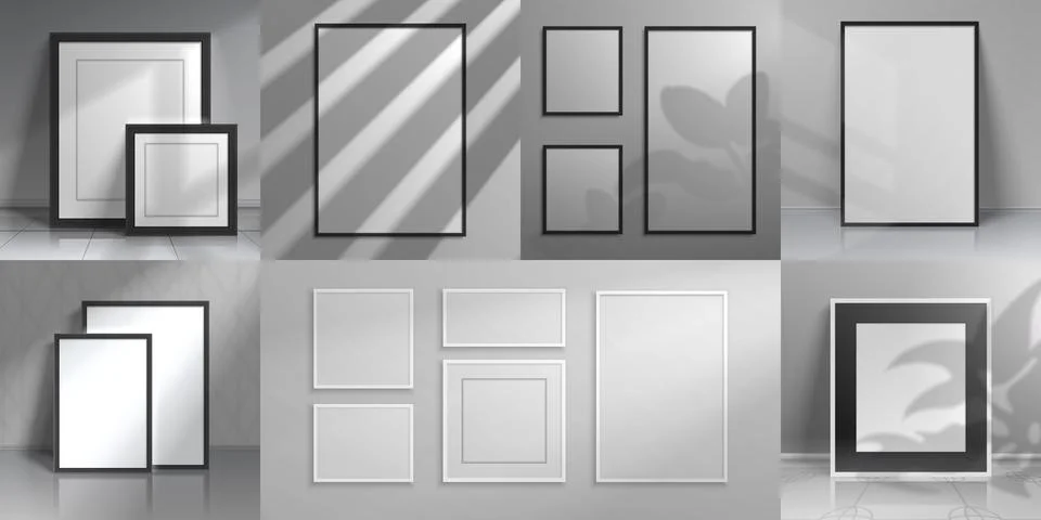 Realistic interior frames. 3D mockups with shadow overlay from windows and home Illustrazione stock