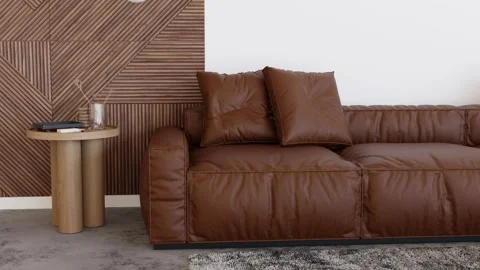 A realistic interior space showcases a leather sofa Stock Footage 336207977