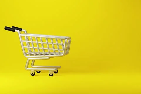 Realistic iron shopping cart on yellow background, 3d render Stock Illustration
