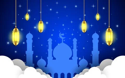 Realistic Islamic New Year background with crescent moon and lanterns Stock Illustration