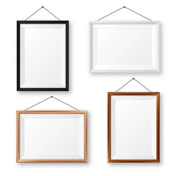 Realistic isolated black, white and wooden picture frames with shadow. Hanging Stock Illustration
