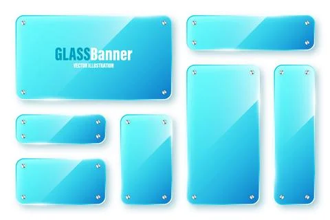 Realistic isolated glass frames collection. Blue transparent glass banners with Stock Illustration