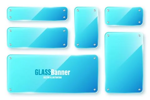 Realistic isolated glass frames collection. Blue transparent glass banners with Stock Illustration