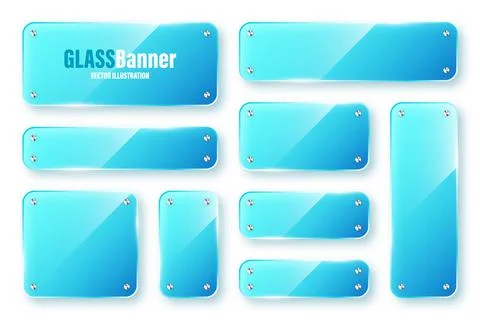 Realistic isolated glass frames collection. Blue transparent glass banners with Stock Illustration