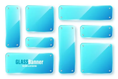 Realistic isolated glass frames collection. Blue transparent glass banners with Stock Illustration