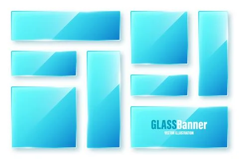 Realistic isolated glass frames collection. Blue transparent glass banners with Stock Illustration